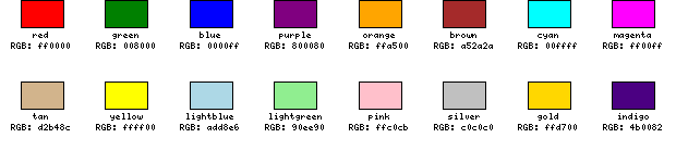 [red, green, blue, purple, orange, brown, cyan, magenta, tan, yellow, lightblue, lightgreen, pink, silver, gold, indigo]